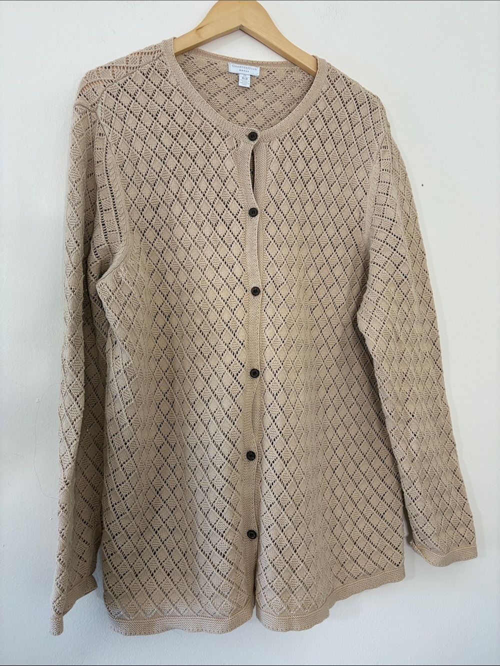 Vintage Y2K 100% Cotton Open Knit Cardigan Sweater Minimalist Tan Plus Size 2X